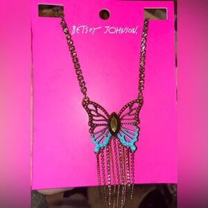 BETSEY JOHNSON Antiqued Gold & Turquoise Butterfly Crystal & Fringe Necklace NWT
